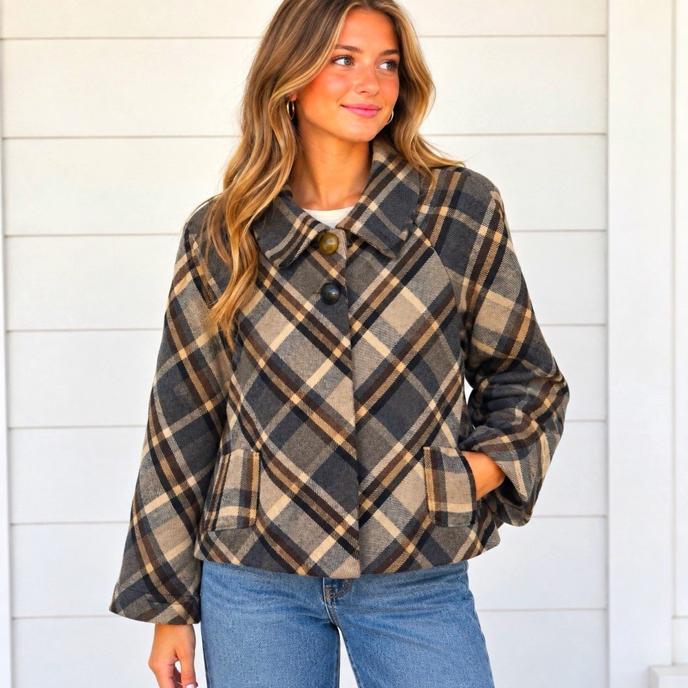 Apostrophe Women Plaid Wool Blend Poncho Style Jacket Button Pockets Lined Large
